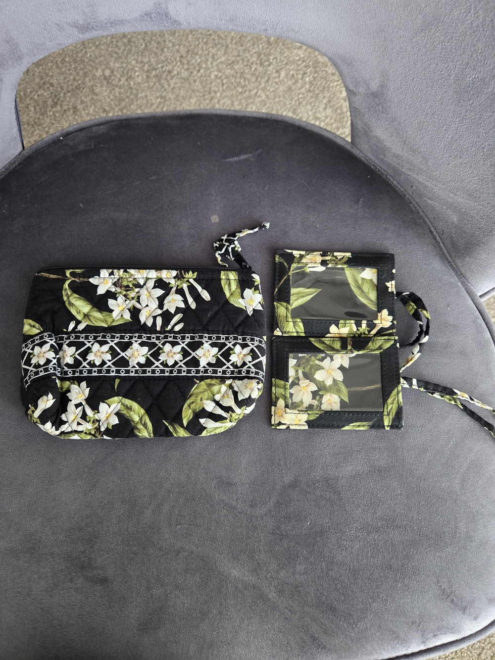 Vera Bradley Black Floral Quilted Cosmetic Pouch with Matching ID Holder
